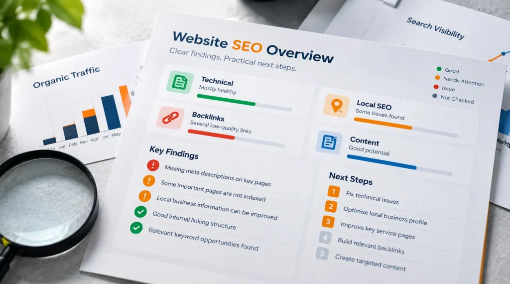 Clear SEO report from LOCORA Patna showing website findings, priorities and next steps