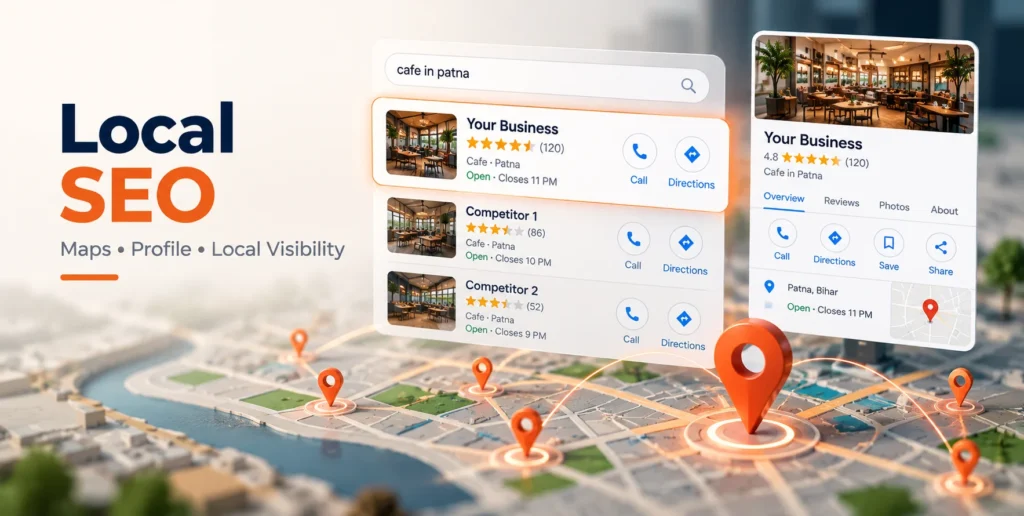 LOCORA Patna Local SEO showing Google Business Profile, Maps results and local search visibility