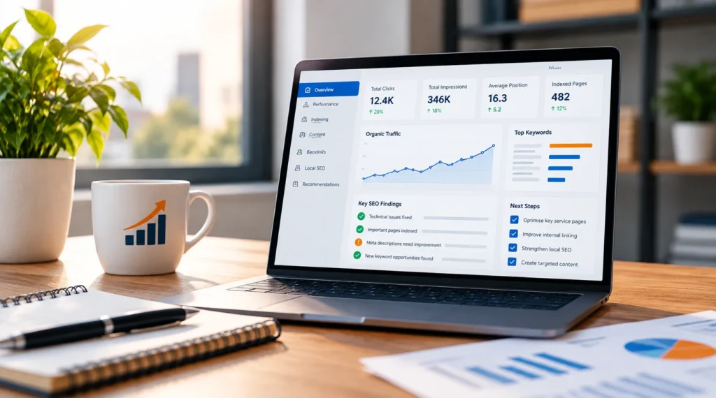 SEO review showing prioritised recommendations and issues for a LOCORA Patna client