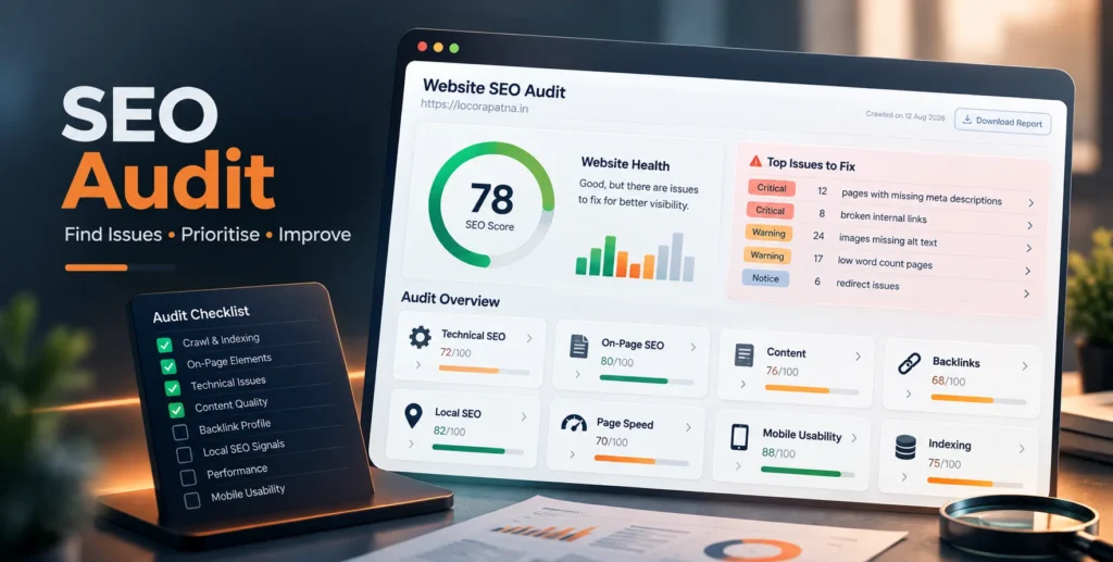 LOCORA Patna website SEO audit showing technical, content, backlink and local SEO issues
